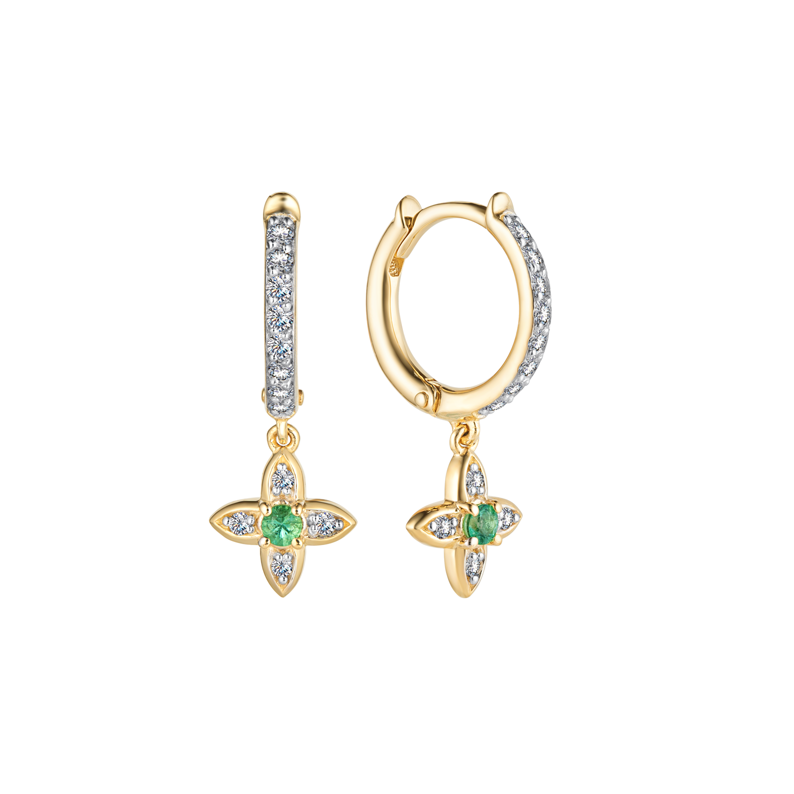 Золотые серьги-четырехлитники с изумрудами и бриллиантами 