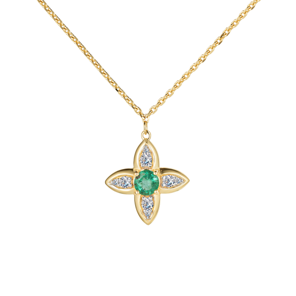 Золотое колье-четырехлистник с бриллиантами и изумрудами