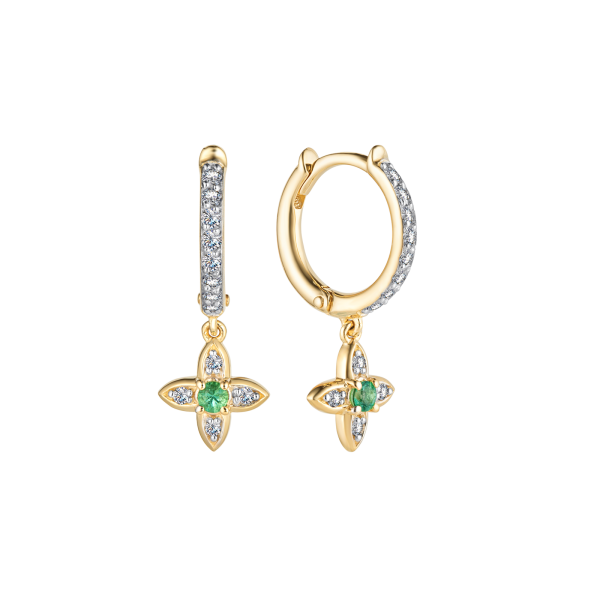 Золотые серьги-четырехлитники с изумрудами и бриллиантами 