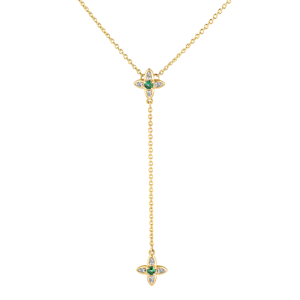 Золотое колье галстук с бриллиантами и изумрудами