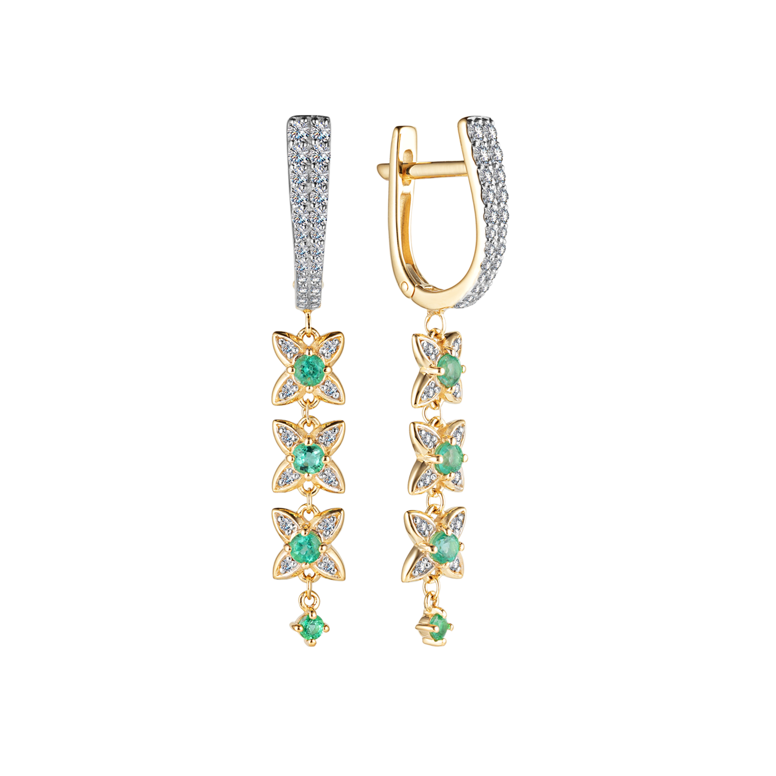 Золотые серьги-четырехлитники с изумрудами и бриллиантами 