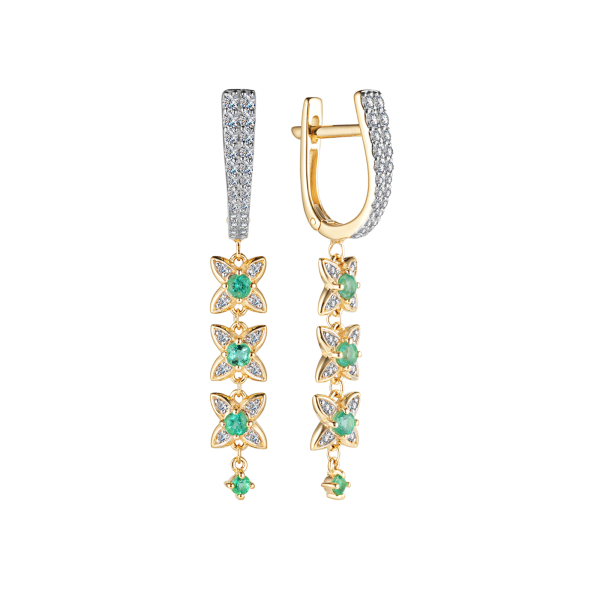 Золотые серьги-четырехлитники с изумрудами и бриллиантами 