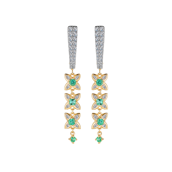 Золотые серьги-четырехлитники с изумрудами и бриллиантами 